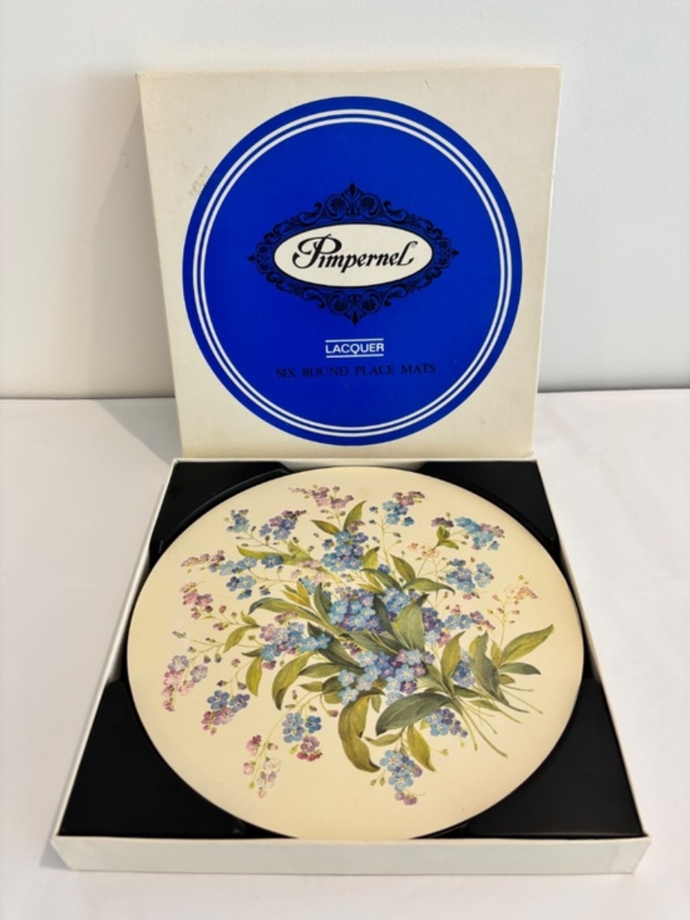Vintage PIMPERNEL Lacquer round placemats SET OF SIX Forget Me Not w/cork back